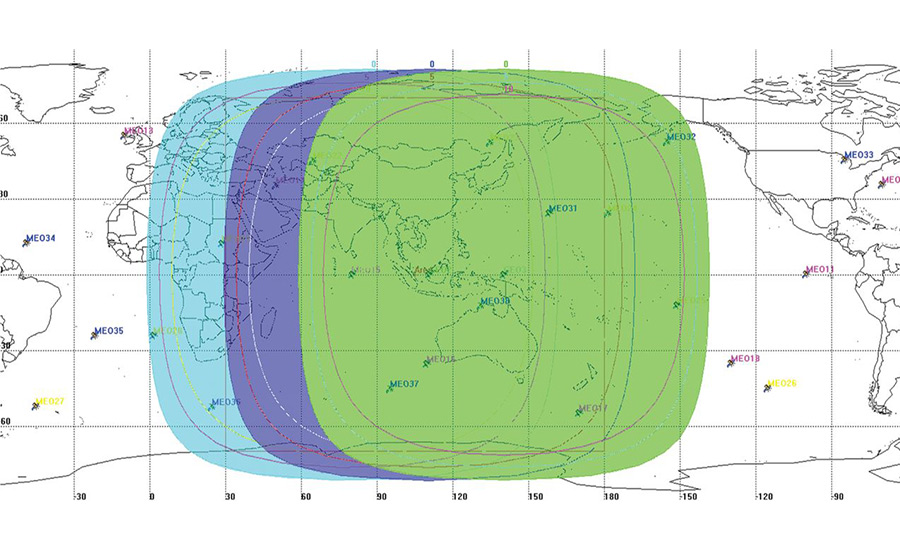 Global signal coverage map of BDS-3 GEO satellites, showing overlapping signal footprints across Asia-Pacific, with color-coded coverage zones.